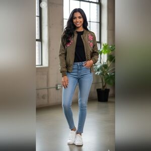 Love Tree Olive Green Floral Embroidered Bomber Jacket. Size Medium